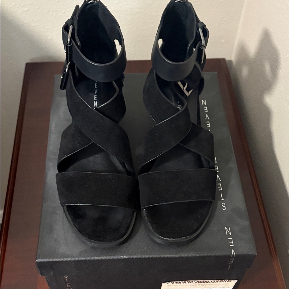 Steven by Steve Madden Elinda Black Suede Crisscross Ankle-Strap Sandals